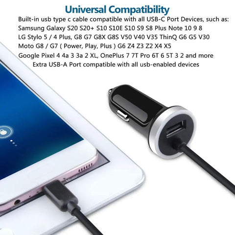 USB C Car Charger With 3.4A Fast Charge And 3ft Type C Cable For Galaxy S26 Ultra S25 S24 S23 S22 S21 S20 Note 20 And More, Pixel LG Stylo Moto G8 G7 5G Models Power Up On The Go.