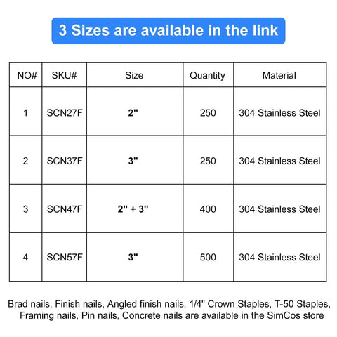 Top Shelf 304 Stainless Steel Framing Nails For Cordless Nail Guns Packing 21 Degree Collation, sizes 2 to 3 inches shown in table.