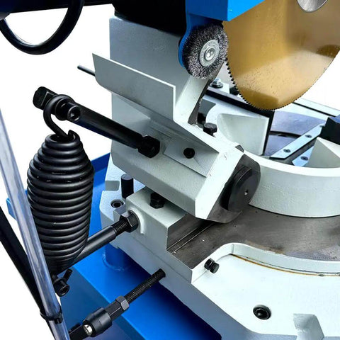 Close-up view of the Knockout Shop Beast 4 HP 16 Inch Cold Cut Saw with adjustable spinner vise setup and metal cutting blade.