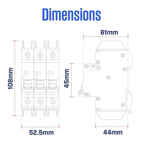 Dimensions diagram of UL 489 AC Miniature Circuit Breaker 5 Amp 3 Pole D Curve 480Y 277V AC 10kA SCCR Thermal Magnetic Trip
