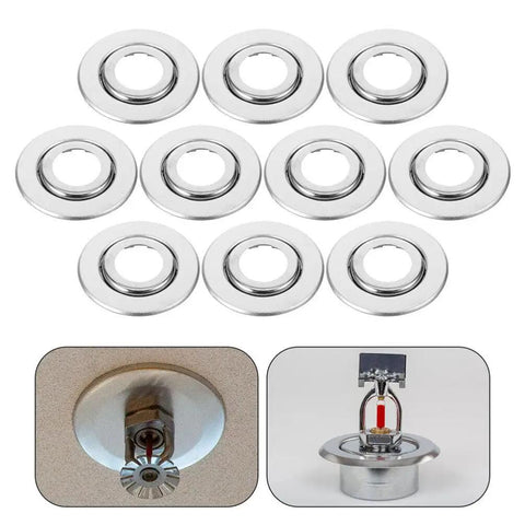 10 pack of Heavy Duty Stainless Steel Double Disc Fire Sprinkler Cover Plates with a sleek finish for ceiling concealment.
