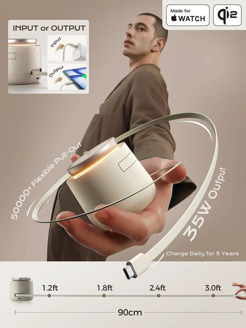 Man holding 4 In 1 Qi2 Magnetic Wireless Charging Station For MagSafe, 35W output, flexible cable, focus on design and usability.