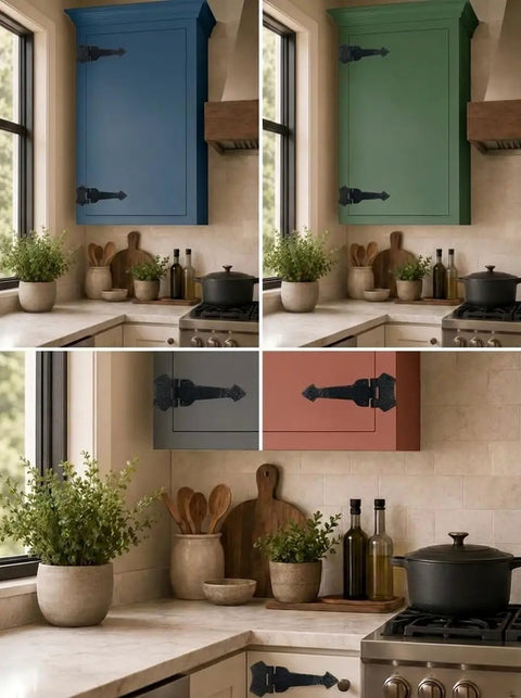 7 Inch Beveled Arrow Decorative Black Hinges on different colored cabinet doors in a kitchen setting.