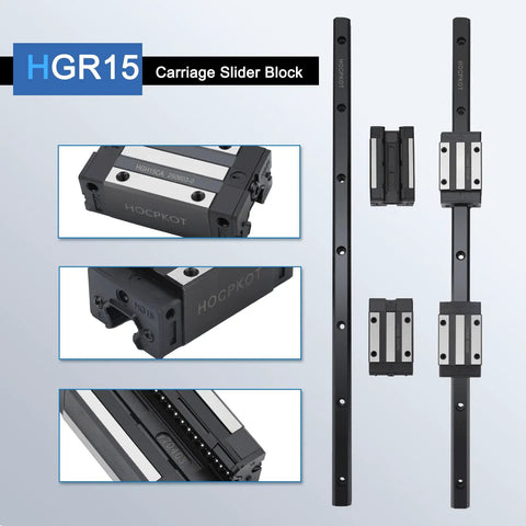 400mm Linear Guide Kit with Two Rails, Four HGH15CA Carriage Blocks, and Four HG15 End Stop Blocks shown in detail