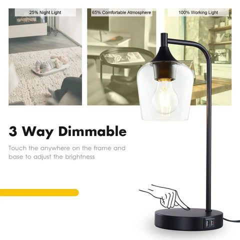 Cozy Industrial Table Lamp For Living Room With 2 USB Ports, Black Nightstand Lamp, Clear Glass Shade, Dimmable Light Showcase