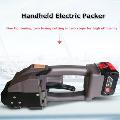 Heavy Duty Cordless Electric Strapping Machine With Dual 5000 Mah Batteries Automatic Handheld Banding Tool For Pet Pp Strap Packing Warehouse Operations Lock It Down Secure Every Time, side view.