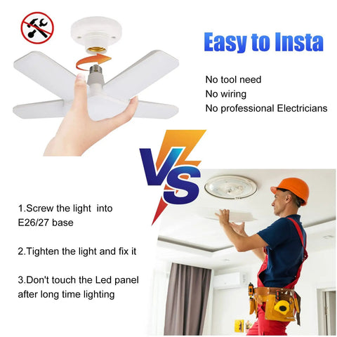 Installation of Ultra Bright LED Garage Lights 4 Pack With 100W Power, 10000 Lumens, 6500K Daylight, E26 E27 Ceiling Mount
