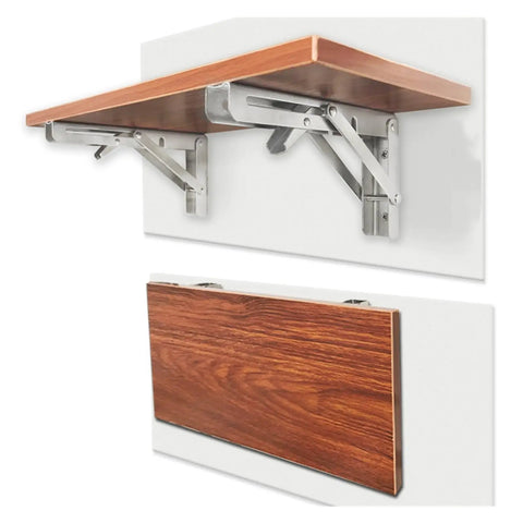 Beefy Stainless Steel Foldable Triangular Bracket Set 2 Pack Wall Mount; one bracket holding a wooden shelf, one folded down.