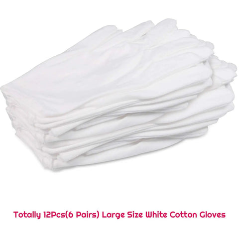 Stack of six pairs white cotton gloves for dry hands and eczema relief with overnight moisturizing soft liners for serving cleaning