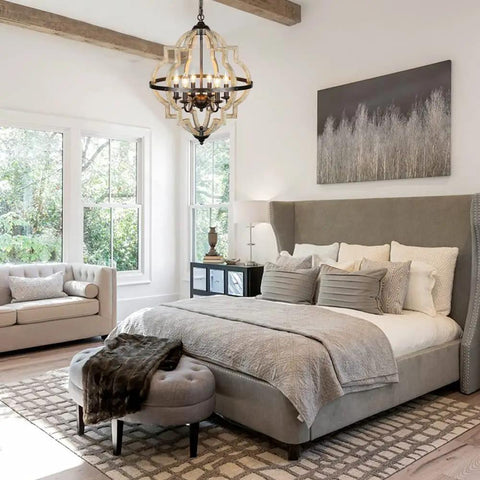 21-Inch Farmhouse Chandelier With 6-Light Rustic Wood Light Fixture in bedroom, warm brown finish, ceiling mounted