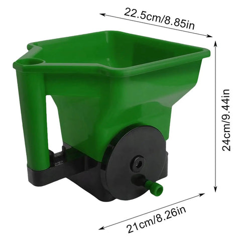 Green handheld lawn spreader for grass seed and fertilizer, no clog, easy grip, portable hand powered spreader with dimensions.