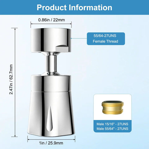 Slick 360 Degrees Swivel Faucet Aerator With Four Spray Modes heavy duty chrome sprayer attachment showing measurements for easy installation.