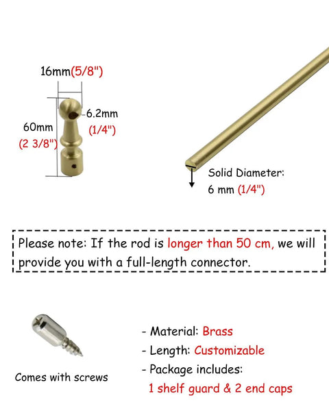 Dimensions and details of Heavy Duty Brass Shelf Rails 2 Pack With Tipping Spindles For Bookcase Shelves 74 Inch Long.
