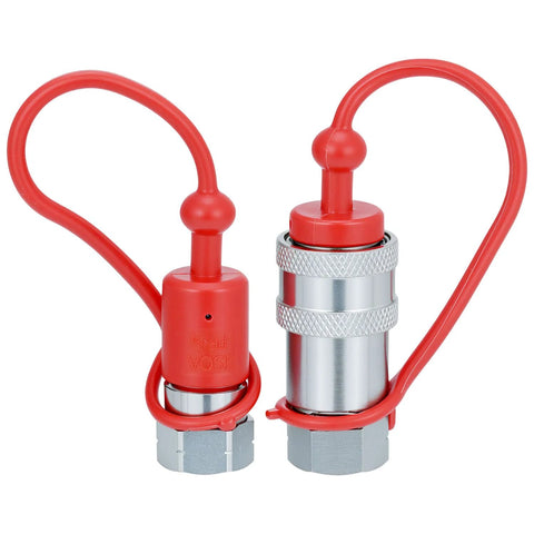 Rugged 1/4 inch hydraulic quick connect set with dust caps, 3600 PSI rating, ideal for agriculture and construction hydraulic systems.