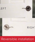 Avalon Front Door Handleset With Reversible Interior Lever No Fuss Non Locking Exterior Entry Handle In Venetian Bronze Microban Protection Deadbolt Not Included Easy DIY Install For Quick Home Upgrade showcasing left and right installation.