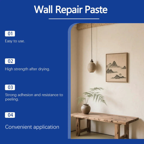 Effortless Drywall Repair Kit With Paste Quick-Dry Patch For Holes And Cracks Scraper And Sandpaper DIY Home Fix Made Easy No Fuss Multi-Purpose Wall Mending Paste Two Tubes; wall paste package details and room setup with wooden table and decor.