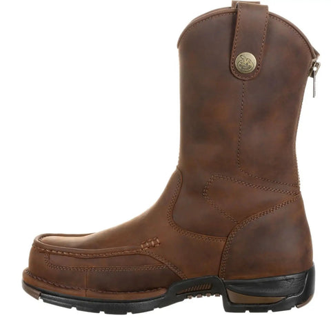 Men's Brown Moc Toe Work Boots Pull On Style With Back Zipper Electrical Hazard Rated Flexible Unlined Sole Lightweight Ride Built Tough For Long Hard Shifts side view