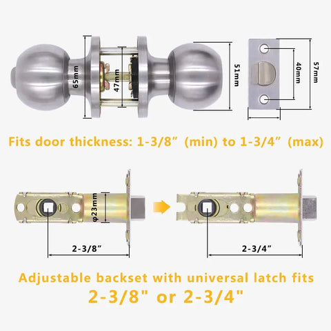 Set Of 4 No Fuss Satin Nickel Privacy Door Knobs With Adjustable Latch Fits Standard Backsets For Bedroom And Bathroom Doors Easy Install With Screws And Instructions, dimensions displayed