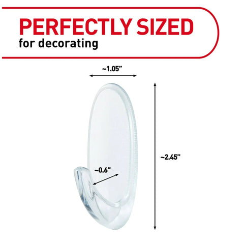 Image of Medium Clear Damage Free Hanging Hooks Set with Six Hooks and Clear Strips, showing hook dimensions and clear oval design.