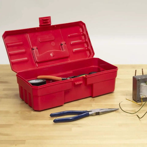 12 Inch Plastic ProBox Toolbox For Tools Hobby And Craft Storage Red Grab And Go Organizer open on wooden table