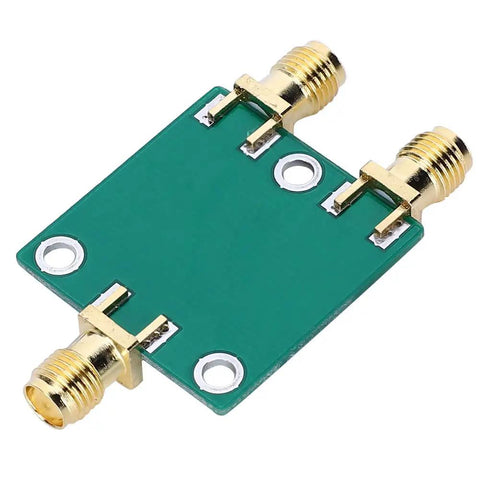 Top Shelf Slick 2 Way RF Power Divider Module DC to 5GHz Broadband Signal Splitter, green PCB with gold connectors.