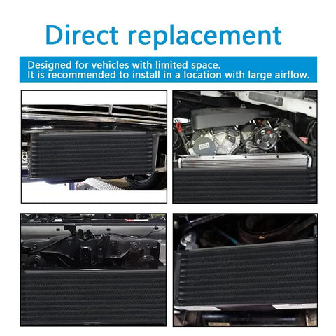 Beefed Up 16 Row AN10 Transmission Oil Cooler Kit installed in engine bay with tight space.