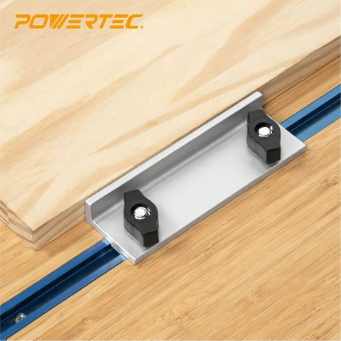 Universal Long Stop Kit For T Track Systems 2-Pack with stop block and wing knobs on wooden table.