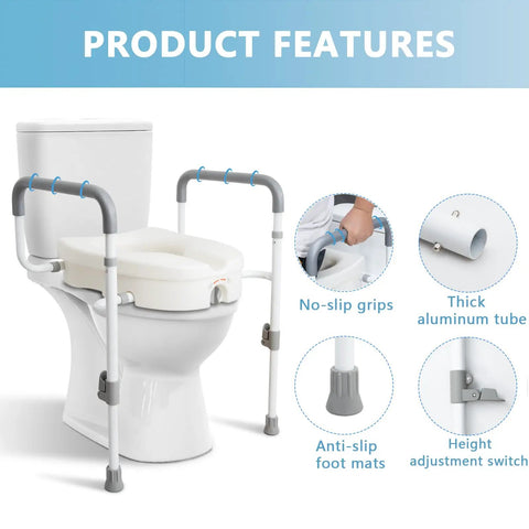 Super Steady Raised Toilet Seat With Secure Grab Bars And Anti Tip Legs Adds Five Inch Lift For Seniors shows padded arms, no-slip grips, and height adjustment.