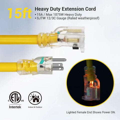 Beefy 15 Ft 12/3 Extension Cord With LED Lighted End For Indoor Outdoor Use SJTW 15A 125V 1875W Yellow Jacket Contractor Grade
