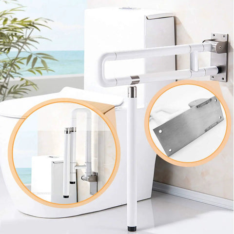 Image of a foldable stainless steel toilet grab bar with 304 grade frame, mounted beside a toilet, showing anti-slip handrail.