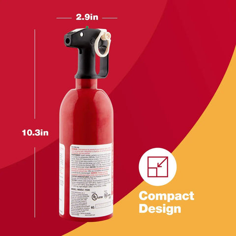 Hella Solid Street Ready Automotive Fire Extinguisher Featuring Corrosion Resistant Metal Gauge showing compact design and size dimensions.