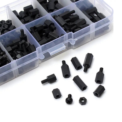300-Piece Black Nylon Hex Spacer And Standoff Kit M3 Threaded Plastic Non-Conductive High Temperature Resistant Insulation Ready For DIY-Friendly Electronics Home Projects And Telecom Installations, black hex spacers in organizer