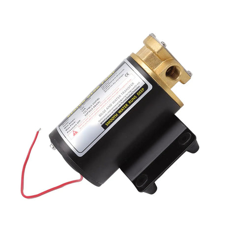 12V Electric Gear Oil Pump With Thermal Protection Motor, High Pressure Brass Transfer Pump For Engine Oil And Transmission Fluids, close-up view.