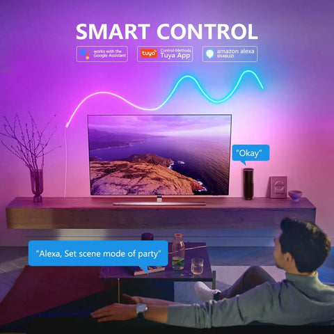 RGBIC Neon Rope Lights 16.4ft with Music Sync lighting a living room with gaming setup, Alexa compatibility shown on TV.
