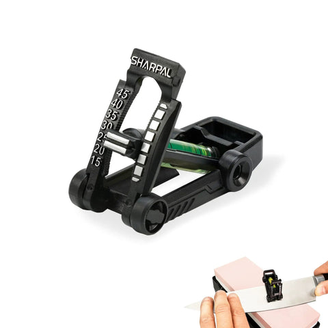 194H Whetstone Knife Sharpener with angle guide from 15 to 45 degrees, black design, demonstrating use on a knife edge.