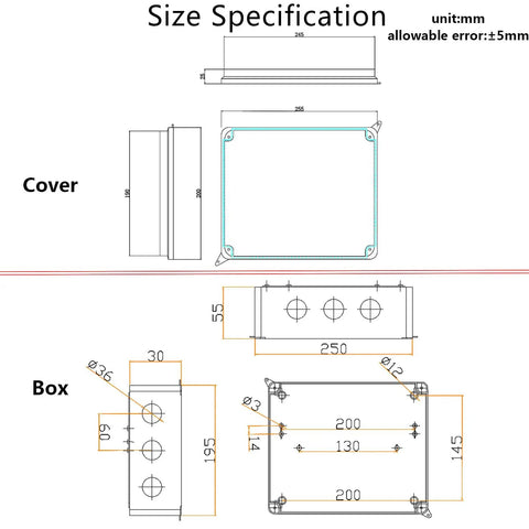 Technical drawing with dimensions for IP65 Waterproof Junction Box With Reserved Holes, Built Tough ABS Plastic Electrical Enclosure For Outdoor DIY Projects, Weatherproof Power Cord Box, 10 X 7.9 X 3.1 Inch Black.
