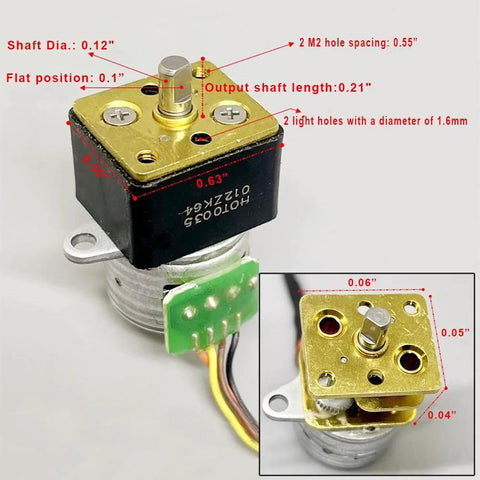 Front view of a DC 5V 2-phase micro stepper motor with 15mm metal gearbox, 1:35 ratio, 18° steps, green PCB and wires.