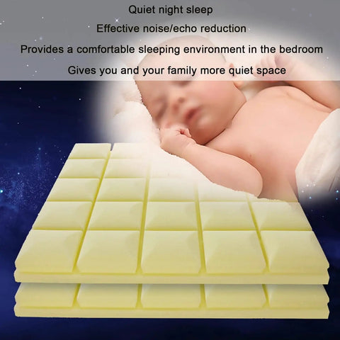 Top Shelf Sound Absorbing Acoustic Foam Panels For Recording Studio Wall Decor Upgrade Your Setup With Heavy Duty Noise Reducing Boards Odor Free Scratch Resistant Polyester Tiles Grigio 5Cm 50 Pack with yellow tiles and baby sleeping.