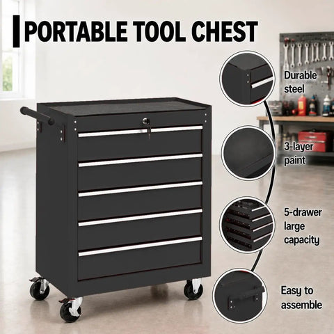 Heavy Duty Steel Rolling Tool Chest With Smooth Glide Wheels And Lockable Five Drawer Mobile Cart Delivers Hella Durable Storage For Garage Or Automotive Tasks In Classic Black Finish with 5 drawers.