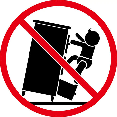 Safety warning sign indicating risk of tipping furniture, relevant to Three Tier Book Cabinet in Gray, Space-Saving Engineered Wood Storage.