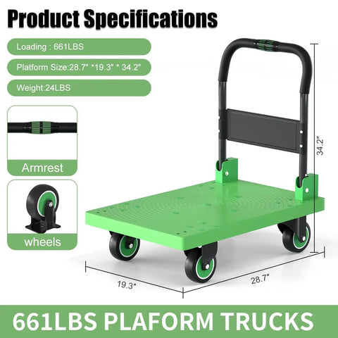 Heavy Duty Folding Platform Cart With Rock Solid Steel Frame, Smooth Rolling Rubber Wheels, 661 Pound Load Capacity Utility Hauler For Groceries And Gear specifications with dimensions.