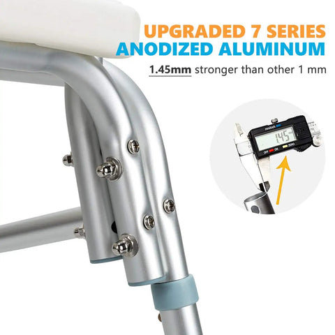Close-up of heavy duty tub transfer bench with anodized aluminum frame and digital caliper showing 1.45mm thickness