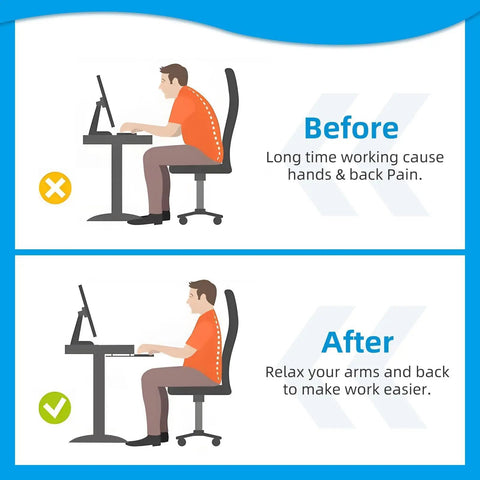 Illustration showing ergonomic benefits of using a Heavy Duty Under Desk Keyboard Tray With Super Slick Glide Mechanism and 360 Rotating Mouse Platform.