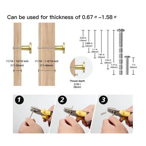 Six Pack Engraved Boss Grade Brushed Brass Kitchen Cabinet Knobs installation diagram with measurements and tool use steps.