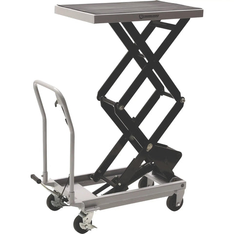 Heavy Duty Hydraulic Table Cart With Fast Two Speed Lift And 1000 LB Capacity, 32x19.75in steel platform and caster wheels.
