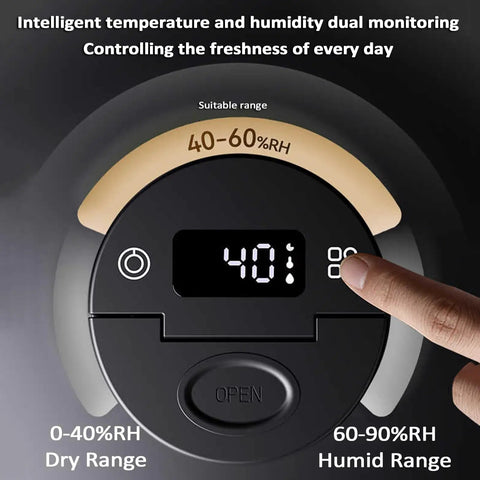 Close-up of digital display showcasing humidity range on Smart Vacuum Coffee Bean Storage Container With Digital Temperature And Humidity Display Tracks Freshness Locks In Aroma Tightly Keeps Nuts And Tea Crispy In This Sleek 650Ml Kitchen Canister Built To Last Through Daily Grind.