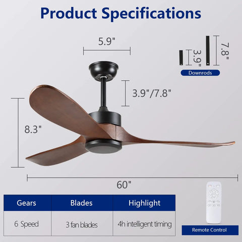 Diagram of 60 Inch Outdoor Farmhouse Ceiling Fan with 3 wood blades, no light, remote control, walnut finish, dimensions shown