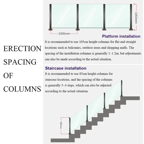 Built Different Stainless Steel Glass Railing Posts with Square Tube Design; height recommendations for platform and staircase installations.