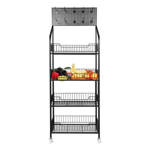 Four Tier Metal Wire Display Rack And Snack Candy Organizer With Ten Hooks Smooth Rolling Wheels And Rock Solid Design For Top Shelf Retail Setup And Hassle Free Sorting In Black featuring fruits and vegetables.