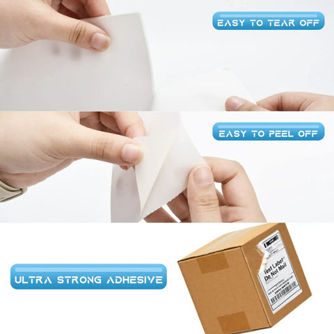 Hands demonstrating easy peel off of Direct Thermal Shipping Labels Four By Six Inches Two Hundred Fifty Count Perforated Sheets.